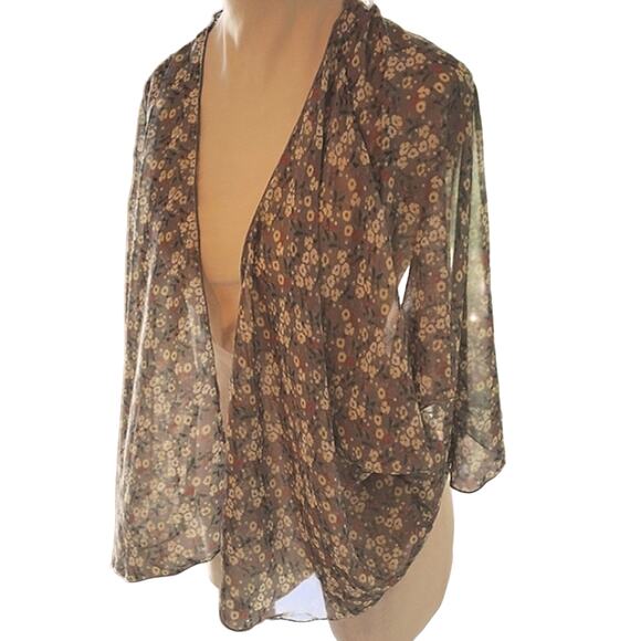 Kimono BEACH COVERUP Top ONE SIZE Moss Green Daisies Sheer Boho Coastal Beachy - Picture 2 of 8